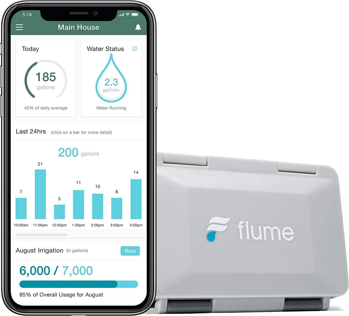 A smartphone showing water usage in a bar graph format next to a gray rectangular Flume water sensor.