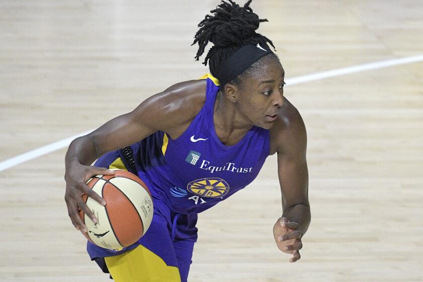 Los Angeles Sparks forward Nneka Ogwumike (30) drives to the basket during the first half of a WNBA basketball game against the Indiana Fever, Saturday, Aug. 15, 2020, in Bradenton, Fla. (AP Photo/Phelan M. Ebenhack)