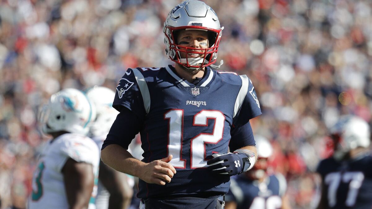 New England Patriots quarterback Tom Brady during a game against the Miami Dolphins at Gillette Stadium on Sunday, Sept. 30, 2018 in Foxborough, Mass.