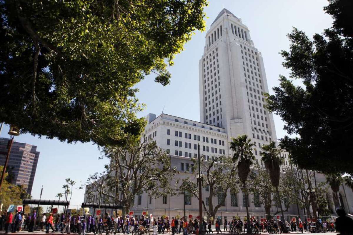 A view of City Hall in downtown Los Angeles.