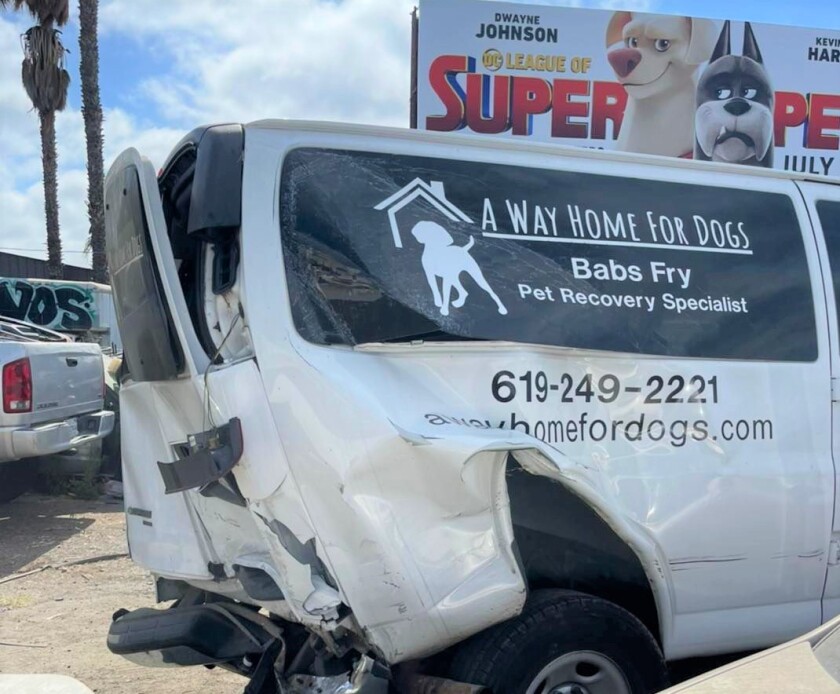 Pet tracker Babs Fry's van was totaled in a freeway accident. The superhero pets on the billboard don't look happy about it.