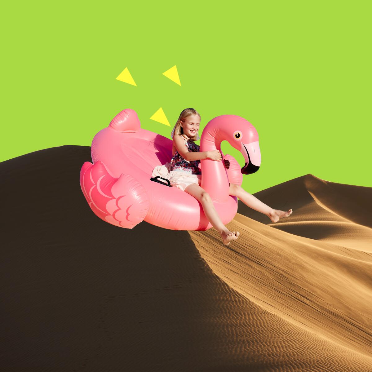Illustration shows a girl on a blow-up flamingo pool toy sliding on a sand dune.