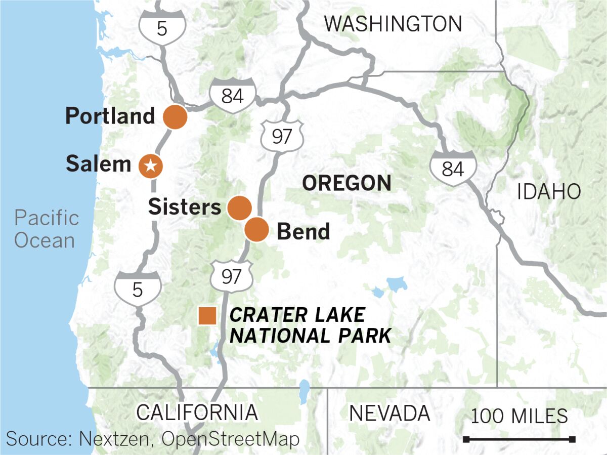 Map of Oregon showing Portland, Salem, Bend and Sisters, Crater Lake National Park, Highway 97.