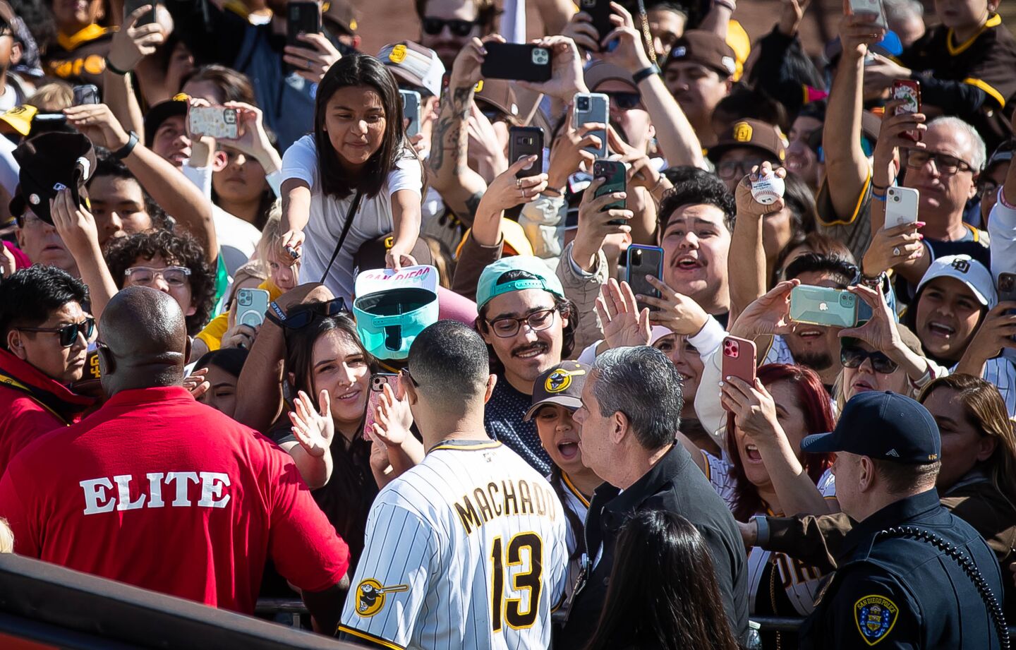 Fans react to seeing Manny Machado during the Padres' 2023 FanFest at Petco Park on Saturday, Feb. 4, 2023.