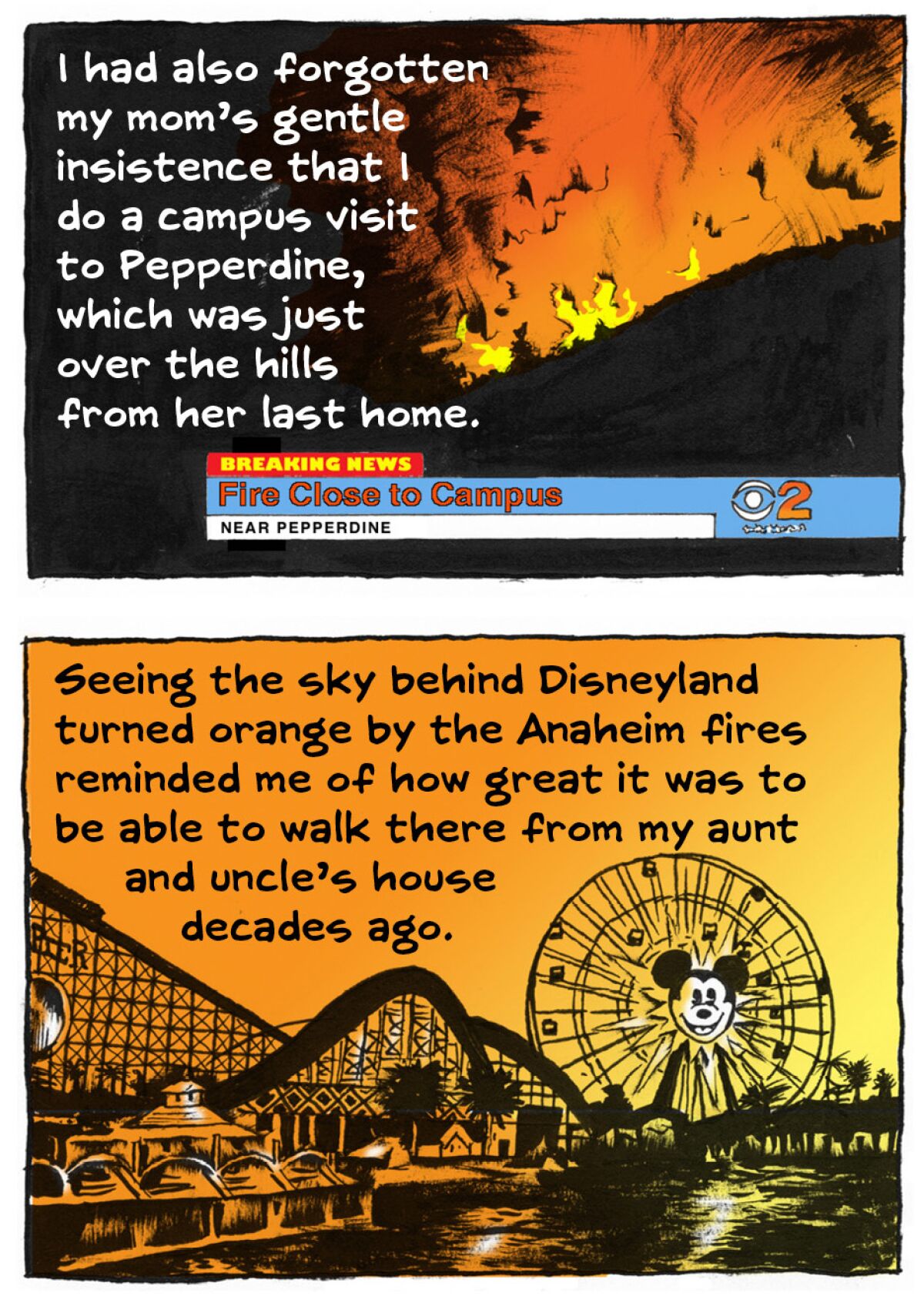 Illustrations of fire footage on TV and Disneyland against an orange sky