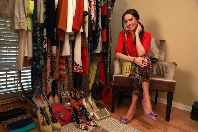 Television personality Louise Roe shows off her extensive wardrobe and accessories at her home in West Hollywood.