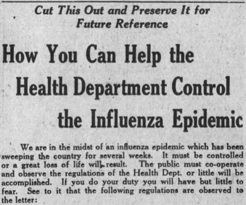 Nov. 7, 1918, bulletin by Los Angeles City Health Officer published in Los Angeles Times.