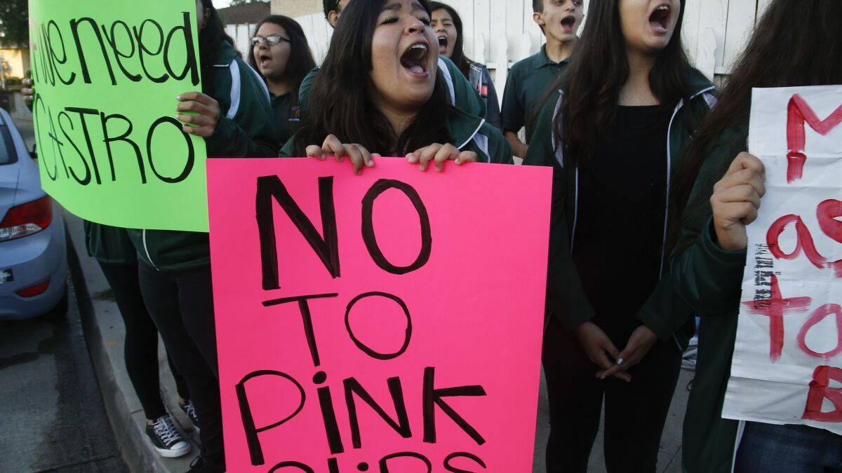 Students from Schurr High School in Montebello protested possible teacher layoffs last year. Layoffs were avoided, but auditors say they have recently uncovered poor and possibly illegal district spending.