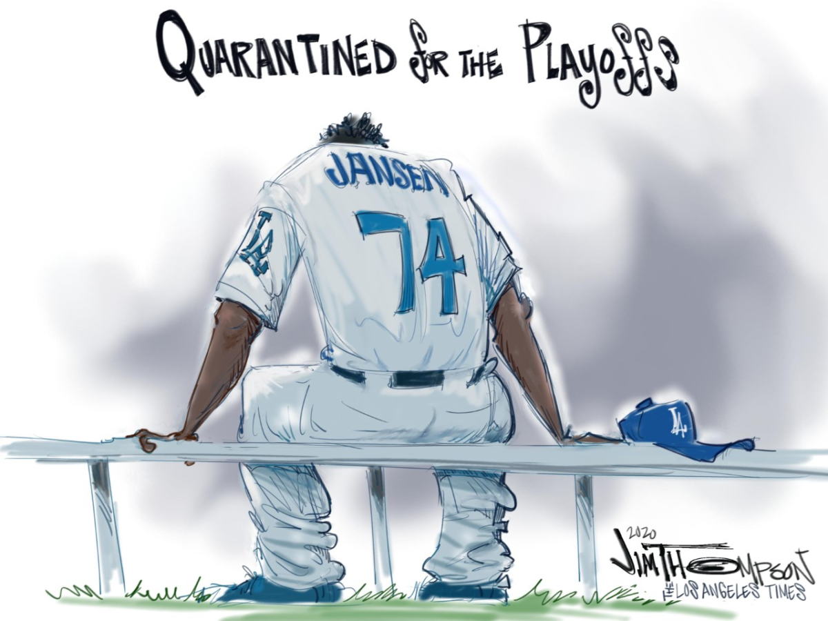 Kenley Jansen sitting on the bench cartoon.