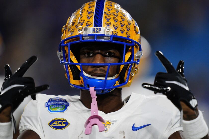 Pittsburgh wide receiver Jordan Addison gestures during the Atlantic Coast Championship game against Wake Forest in December.