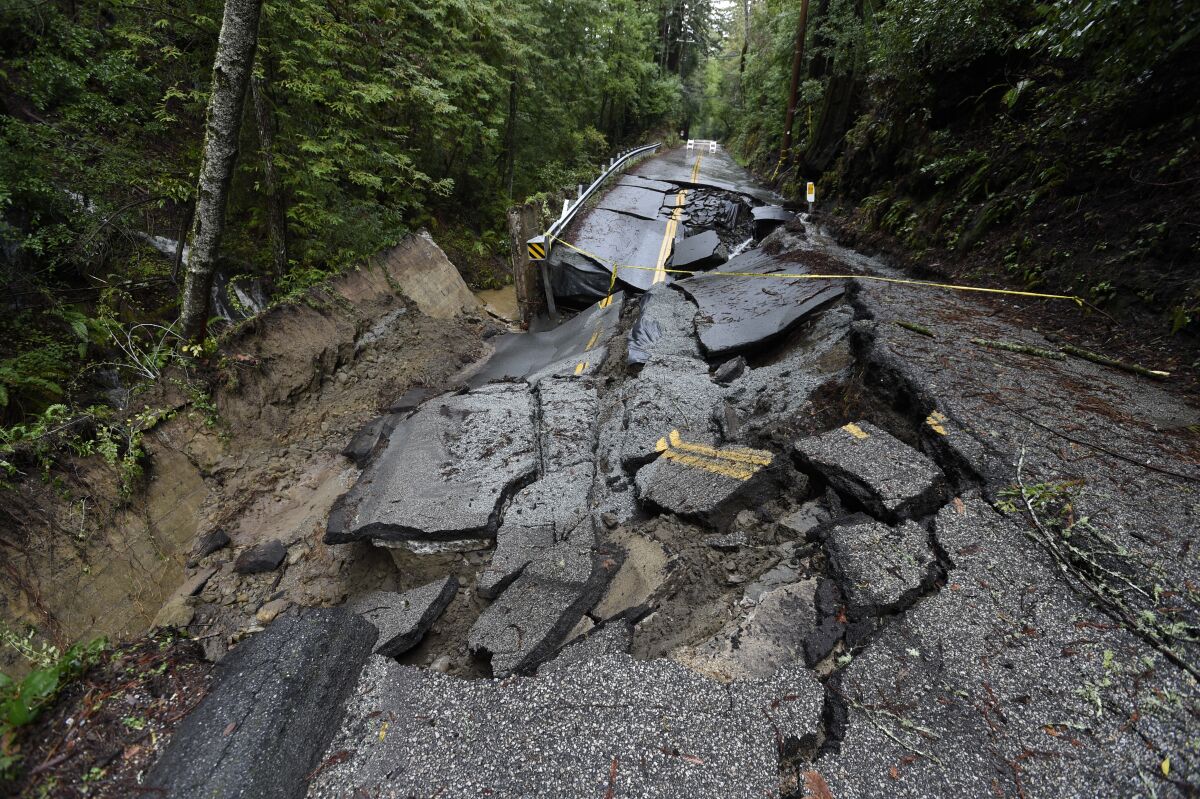 A damaged road in the Santa Cruz Mountains