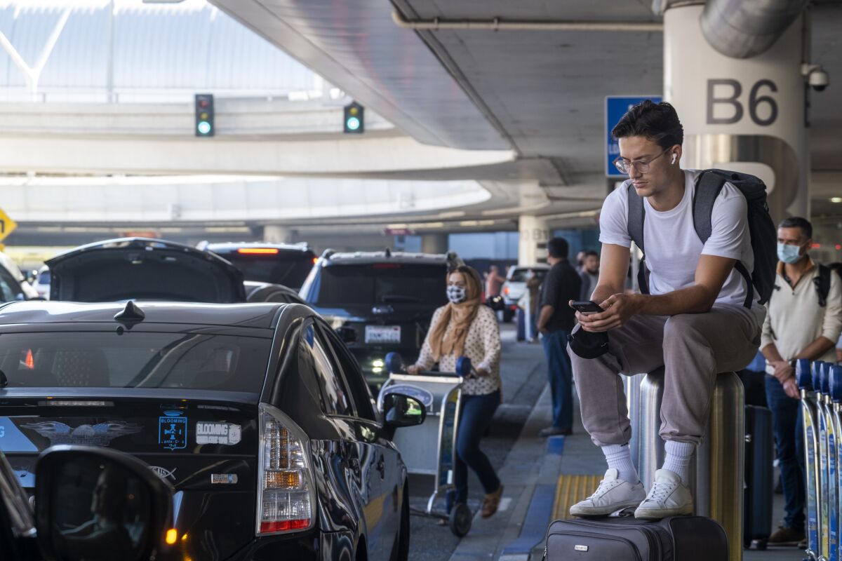 A man looks at his phone at a busy LAX, with cars and other travelers.