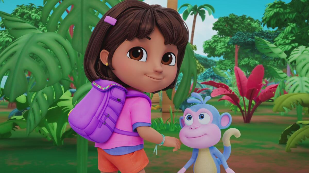 An animated girl wearing a backpack standing with a cartoon monkey.