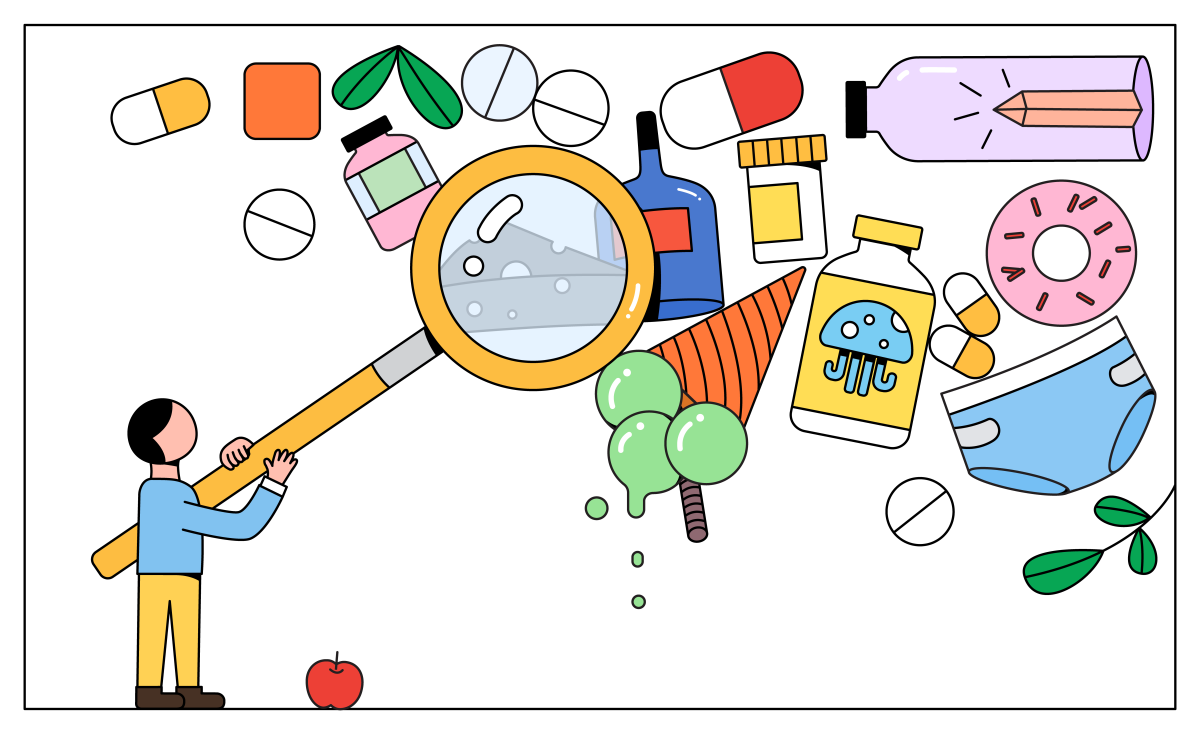 illustration of a person holding an oversized magnifying glass up to charcoal cheese and other trendy wellness products.