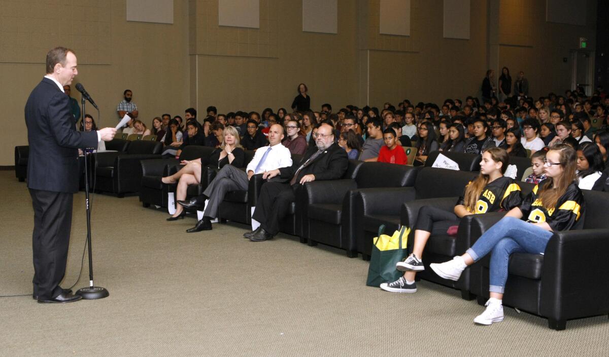 Rep. Adam Schiff (D-Burbank) spoke to students at Luther Burbank Middle School during assembly on Thursday, Oct. 27, 2016.