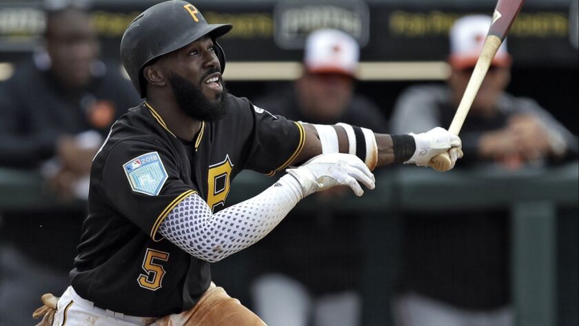 The Pirates' Josh Harrison watches his fly ball to Baltimore Orioles right fielder Joey Rickard during the second inning of a spring training baseball game Monday, March 12, 2018, in Bradenton, Fla.