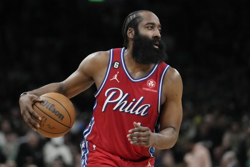 Philadelphia 76ers guard James Harden (1) during Game 1 in the NBA basketball.