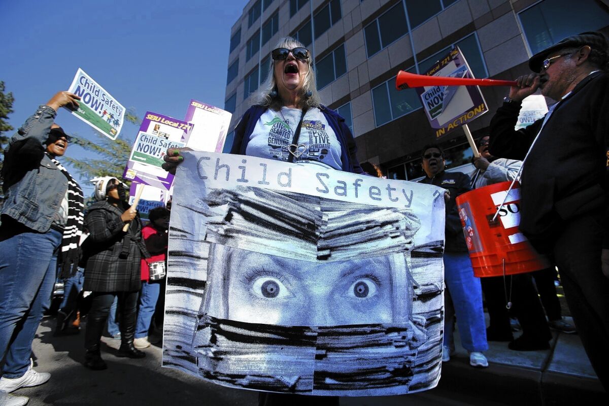 L.A. County children's social workers during a six-day strike in December; their union has voted to ratify a new contract with the county.
