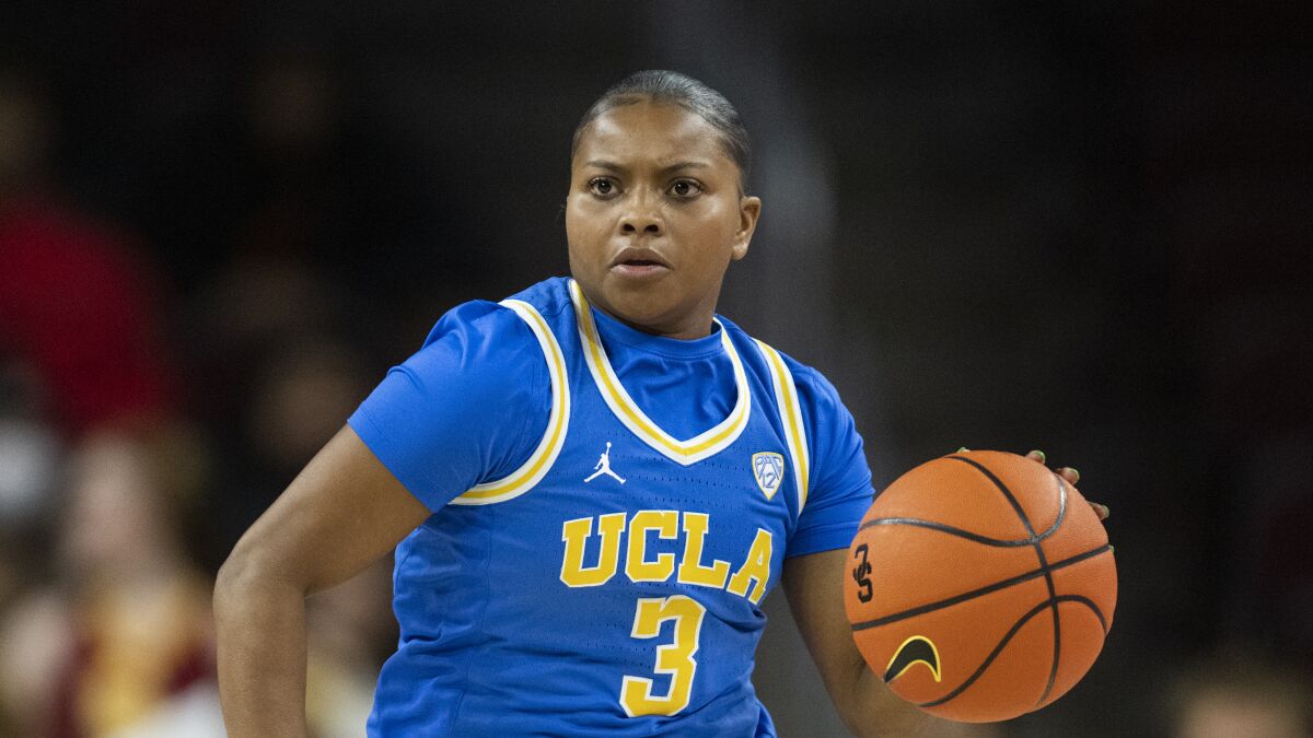 UCLA guard Londynn Jones controls the ball during a game.