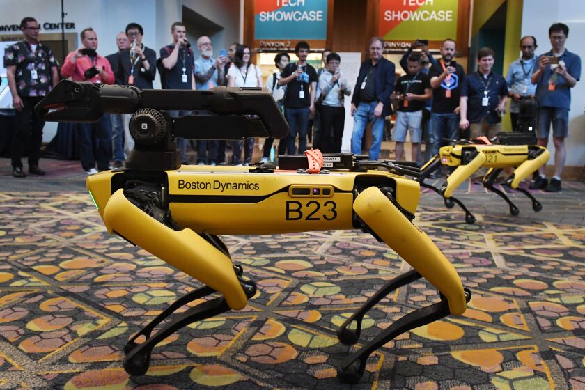 Robotic dogs called Spot and built by Boston Dynamics are demonstrated during the Amazon Re:MARS conference on robotics and artificial intelligence at the Aria Hotel in Las Vegas, Nevada on June 4, 2019. (Photo by Mark RALSTON / AFP) (Photo credit should read MARK RALSTON/AFP via Getty Images)
