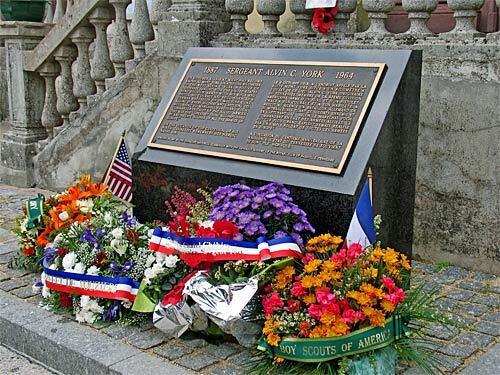 Bouquets of flowers decorate the memorial to Medal of Honor recipient Sgt. Alvin C. York in the French hamlet of Chatel Chehery. The 1941 movie "Sergeant York," starring Gary Cooper, is based on the real-life hero's acts of bravery during World War I.