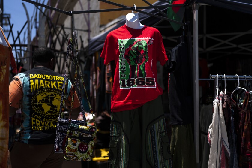 A Juneteenth T-shirt for sale in Los Angeles on June 17, 2022.