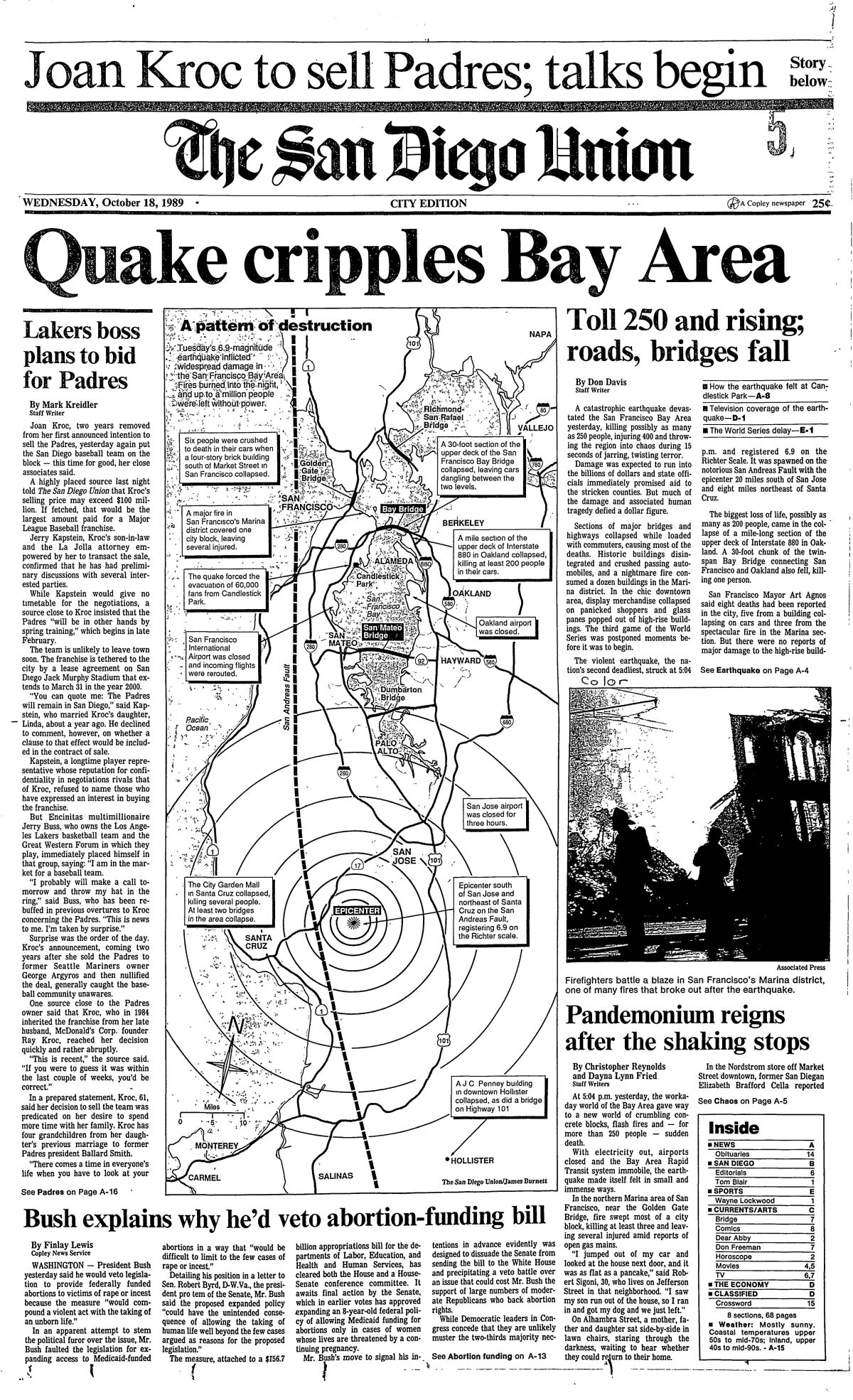 Front page of The San Diego Union, Oct. 18, 1989.
