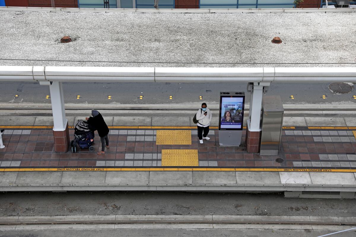 A view looking down in the Blue Line 1st Street station. 