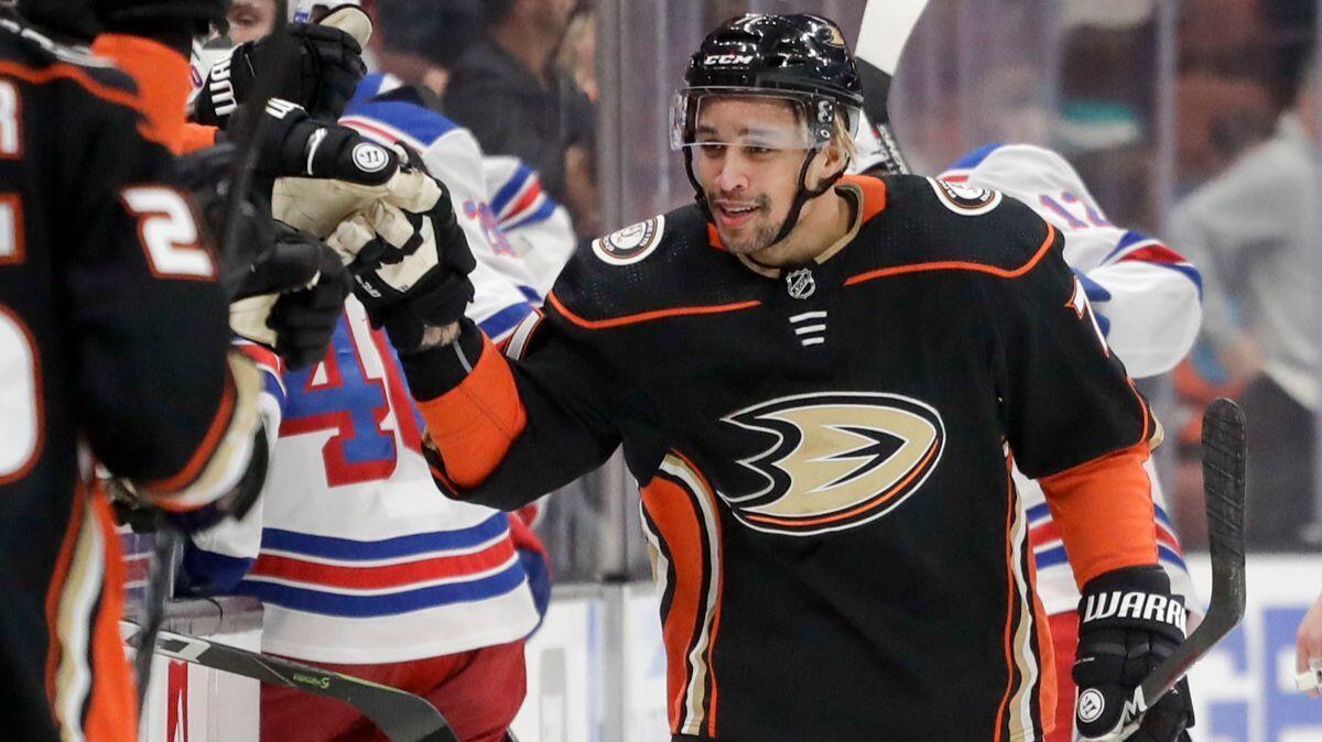 Ducks right wing J.T. Brown celebrates after scoring against the New York Rangers during the first period Tuesday.