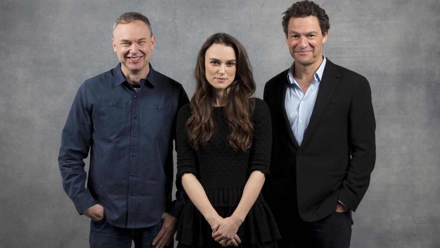 Director Wash Westmoreland, actress Keira Knightley, and actor Dominic West, from the film, "Collette," photographed in the L.A. Times Studio at Chase Sapphire on Main, during the Sundance Film Festival in Park City, Utah, Jan. 21, 2018.