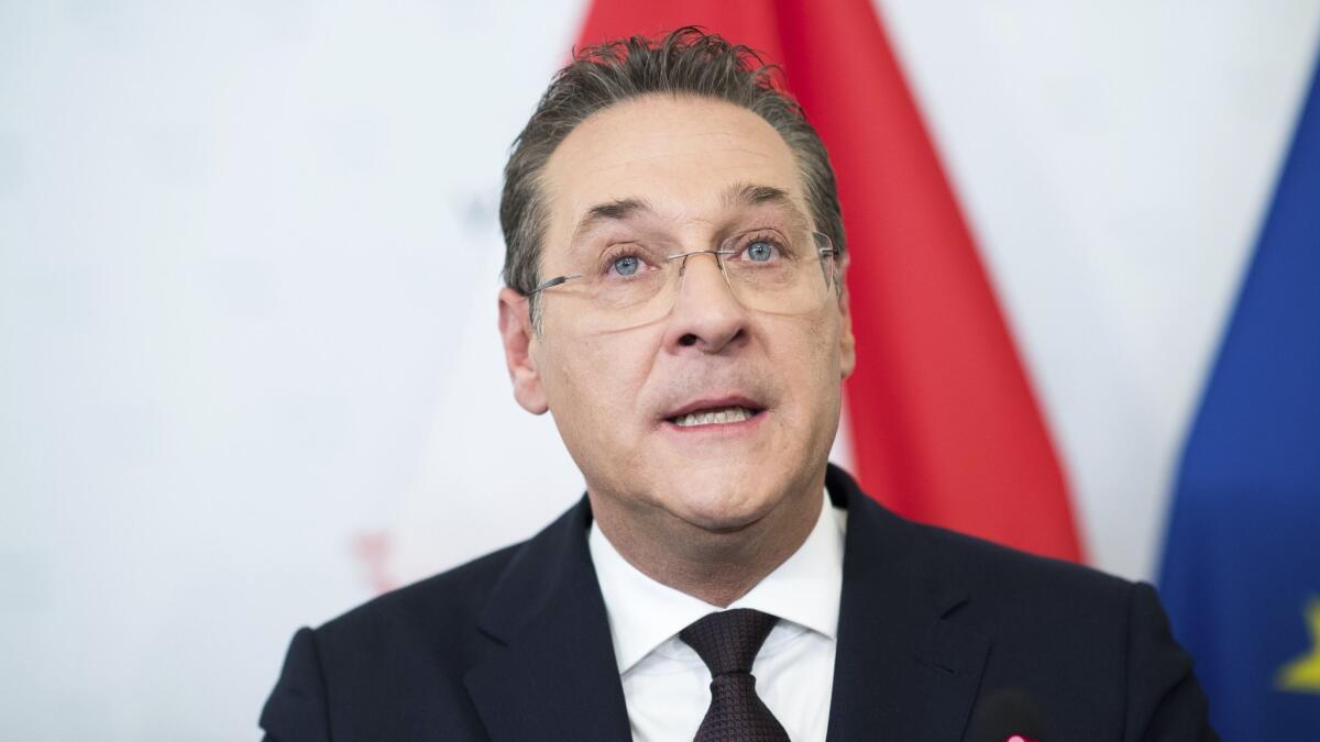 Vice Chancellor Heinz-Christian Strache of the Austrian Freedom Party announces his resignation Saturday in Vienna.