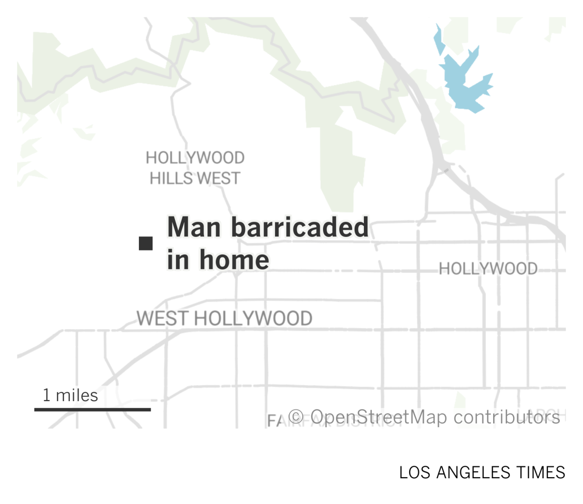 A map of central L.A. showing where a man barricaded himself inside a home in Hollywood Hills West