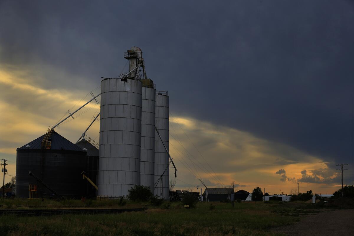A grain elevator stands tall at sunset in Eads, Colo.