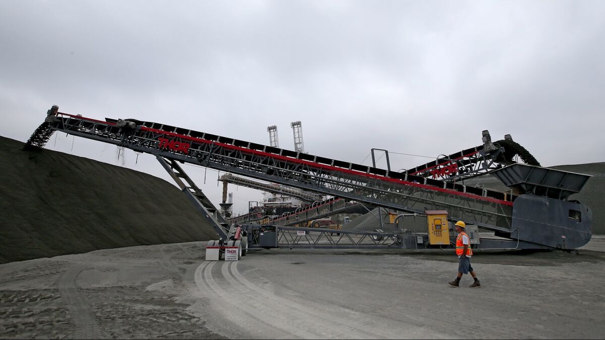 Conveyors are used to unload the gravel and sand from the Canadian quarry at a Port of Long Beach terminal (Luis Sinco / Los Angeles Times).
