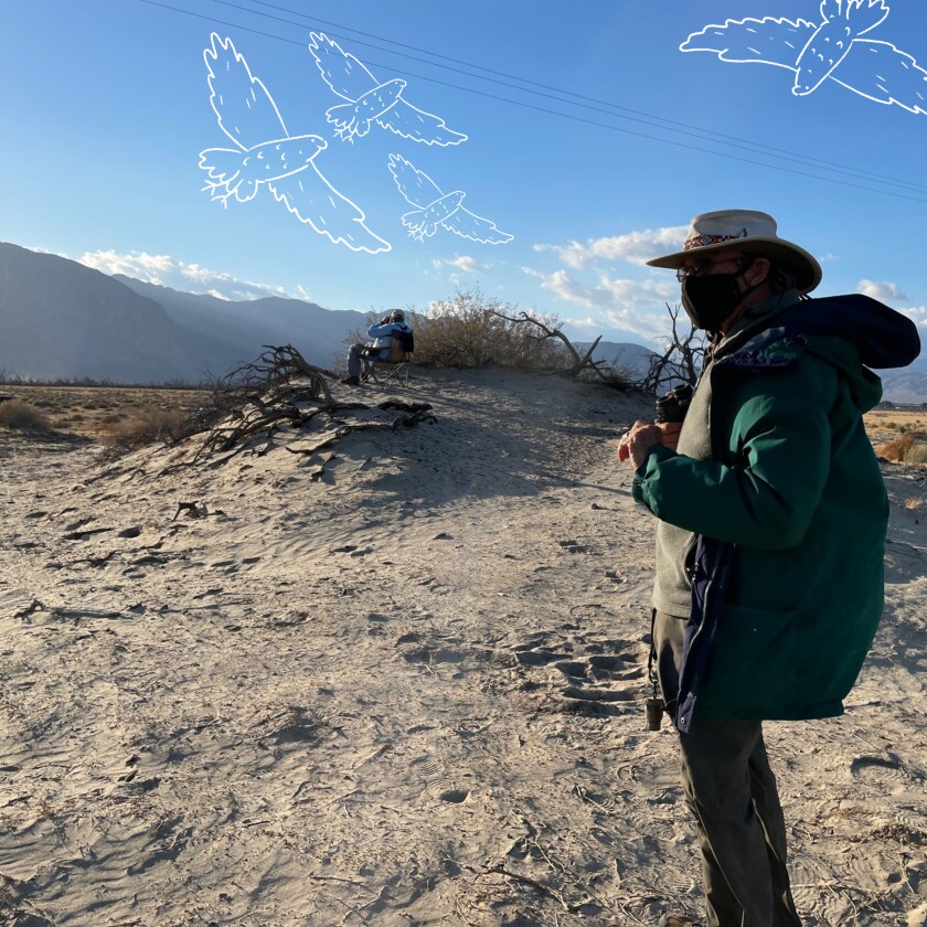A photo illustration of two people in the outdoors with the outlines of four hawks in a blue sky.