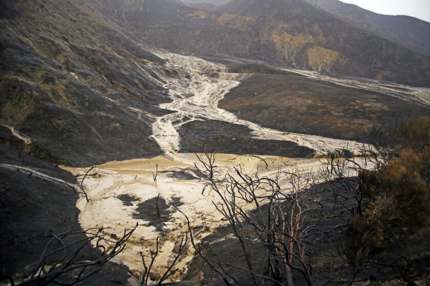 Mud and debris flows down hillsides burned in a recent brush fire after heavy rain from the first in a series of El Nino storms passed over the area above Solimar Beach in Ventura, Calif., Wednesday Jan. 6, 2015.(AP Photo/Joel Angel Juárez)