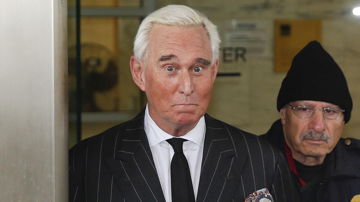 Roger Stone, a longtime political advisor to President Trump, leaves court in Washington on Feb. 1.