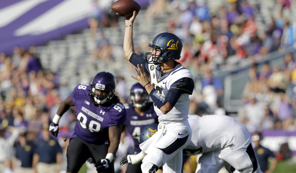 California quarterback Jared Goff, attempting a pass in the second half, threw three touchdown passes against Northwestern on Saturday.