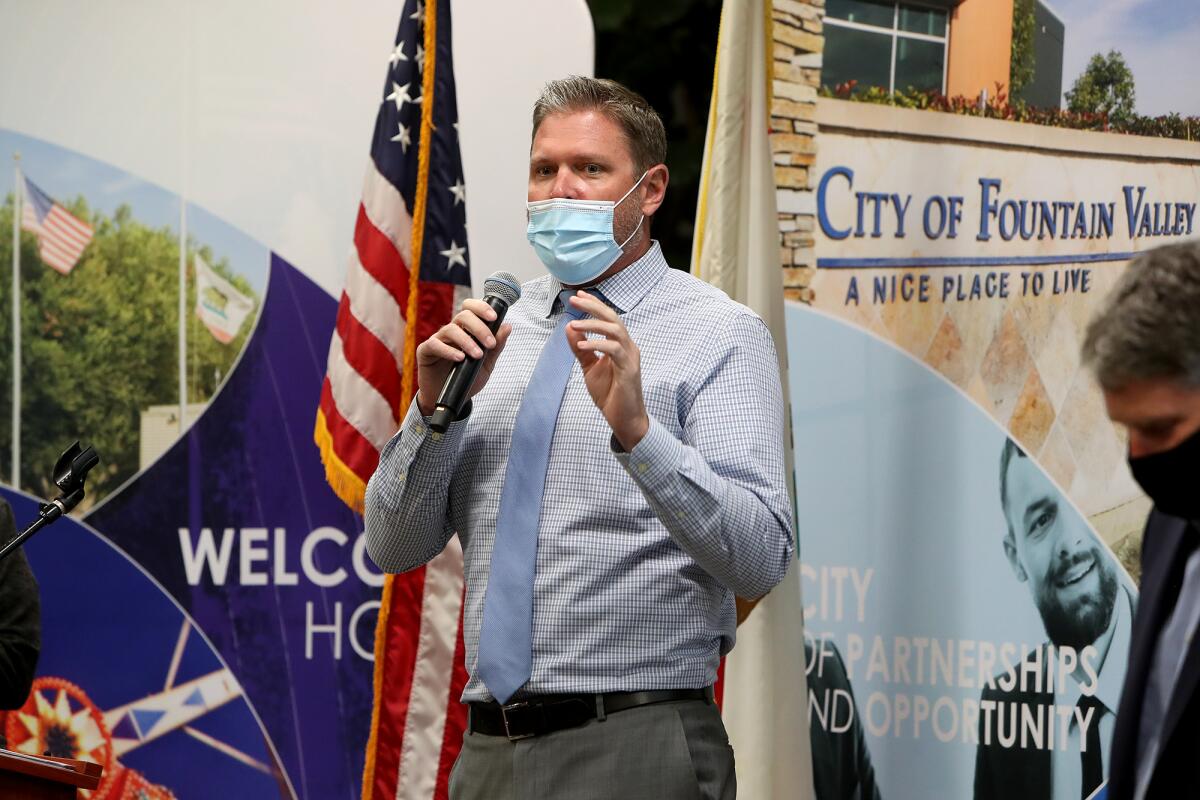 Director of Community Services Rob Frizzelle speaks during Fountain Valley's State of the City address.