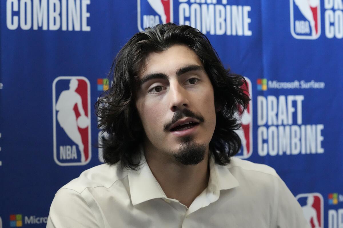 Jaime Jaquez Jr. talks to the media during the NBA draft combine in May.