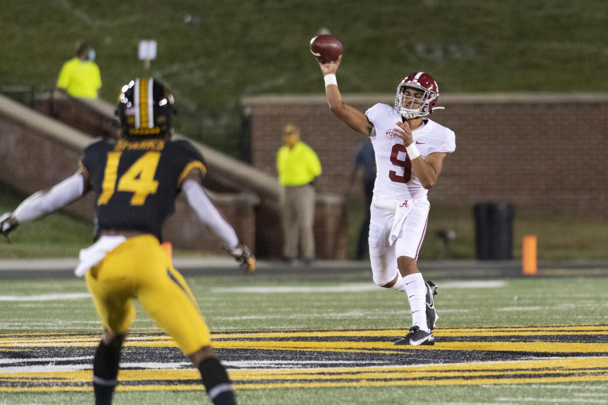 Bryce Young throws a pass against Missouri.