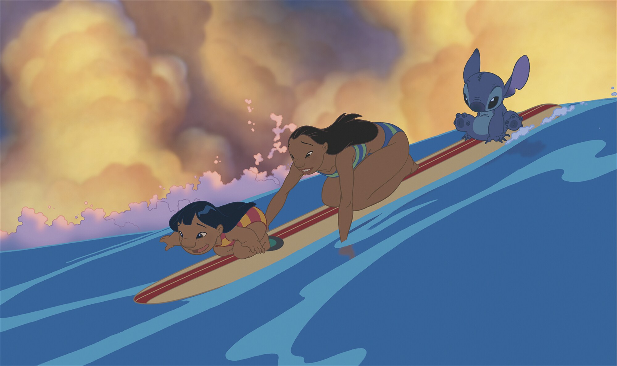 A cartoon image of a girl, a woman and a furry blue creature riding a wave on a surfboard