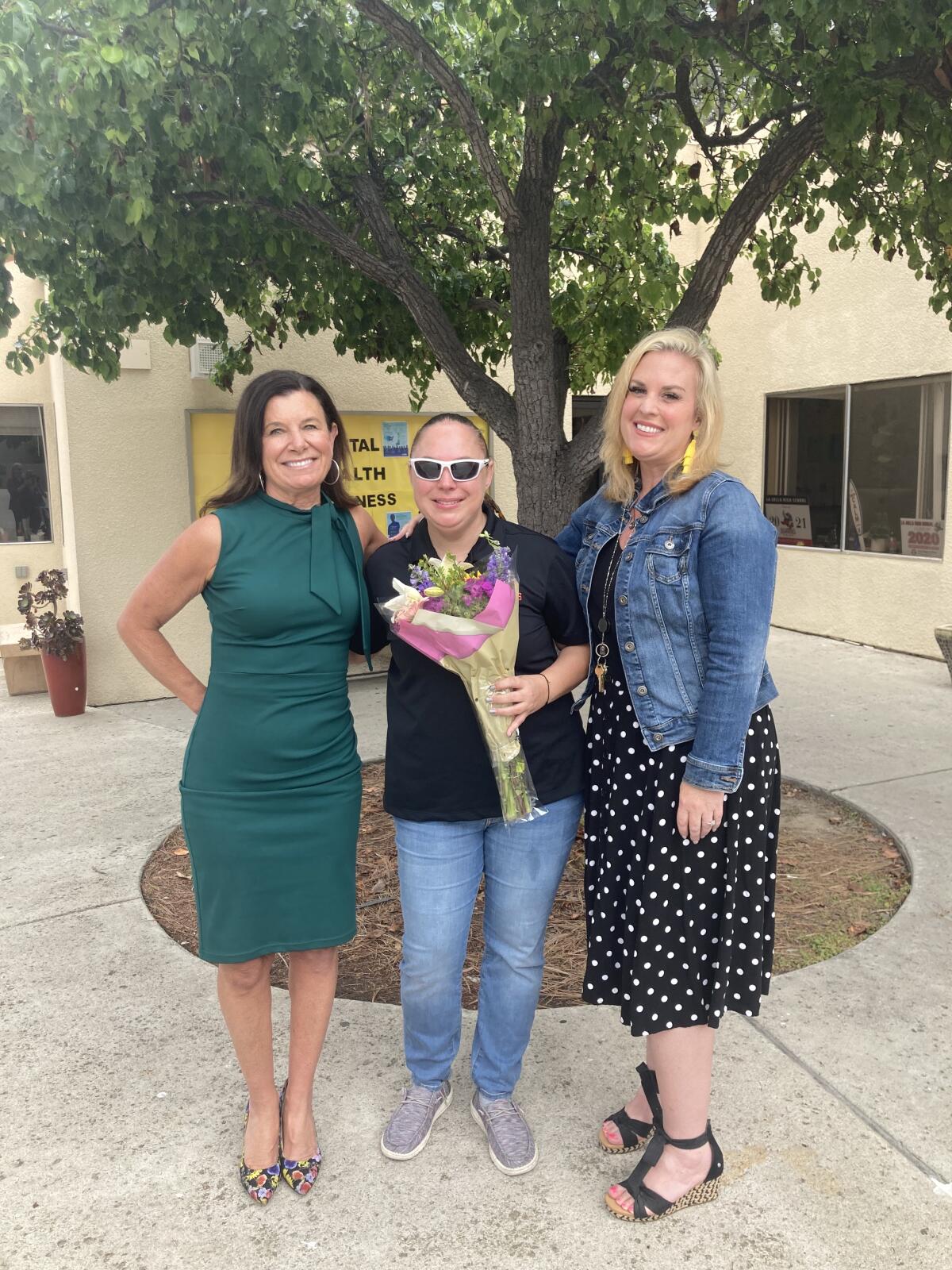 La Jolla High School Teacher of the Year Cantrell Hatch (center) with Merino and LJHS Vice Principal Cindy Ueckert June 2.