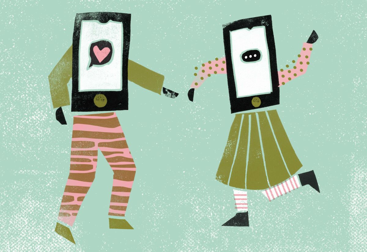 Illustration of two people whose heads and torsos are mobile phones, as their bodies dance together.