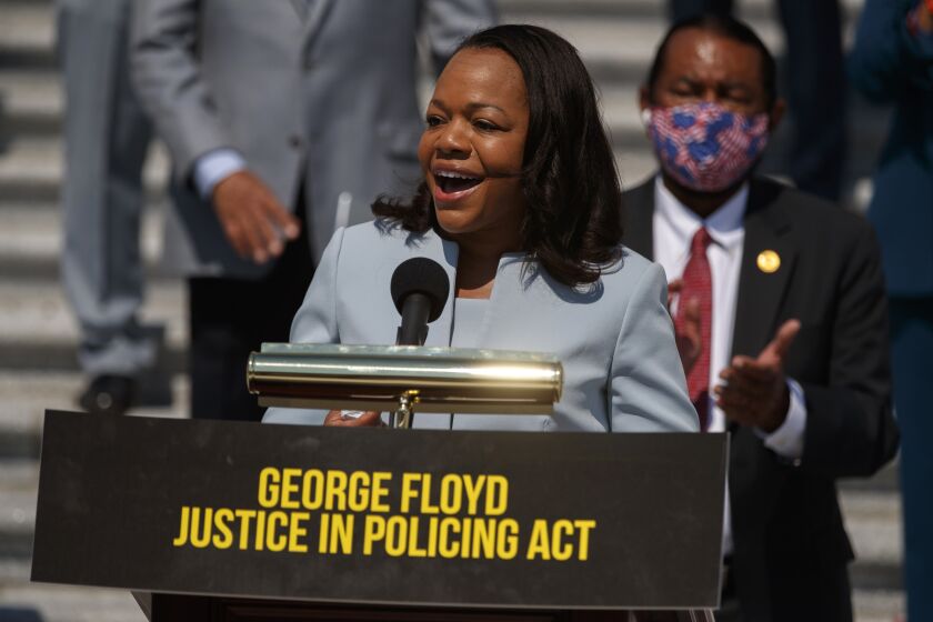 Kristen Clarke, President and Executive Director of the National Lawyers' Committee for Civil Rights Under Law, speaks during a news conference on the House East Front Steps on Capitol Hill in Washington, Thursday, June 25, 2020, ahead of the House vote on the George Floyd Justice in Policing Act of 2020. (AP Photo/Carolyn Kaster)