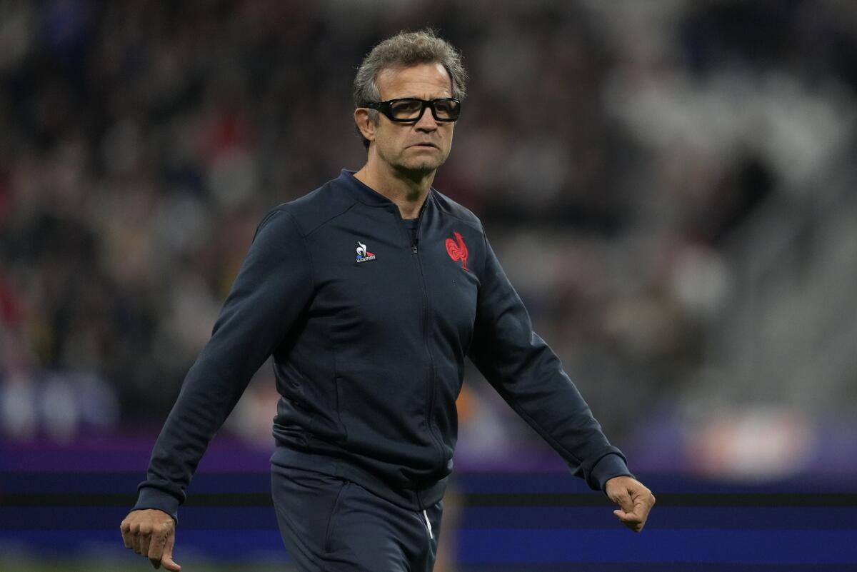 FLE - French team coach Fabien Galthie walks onto the pitch before the Autumn Nations Cup rugby union international match between France and Australia at the Stade de France, in Saint-Denis, near Paris, Saturday, Nov. 5, 2022. The 2023 Six Nations starts on Feb. 4. (AP Photo/Thibault Camus, File)