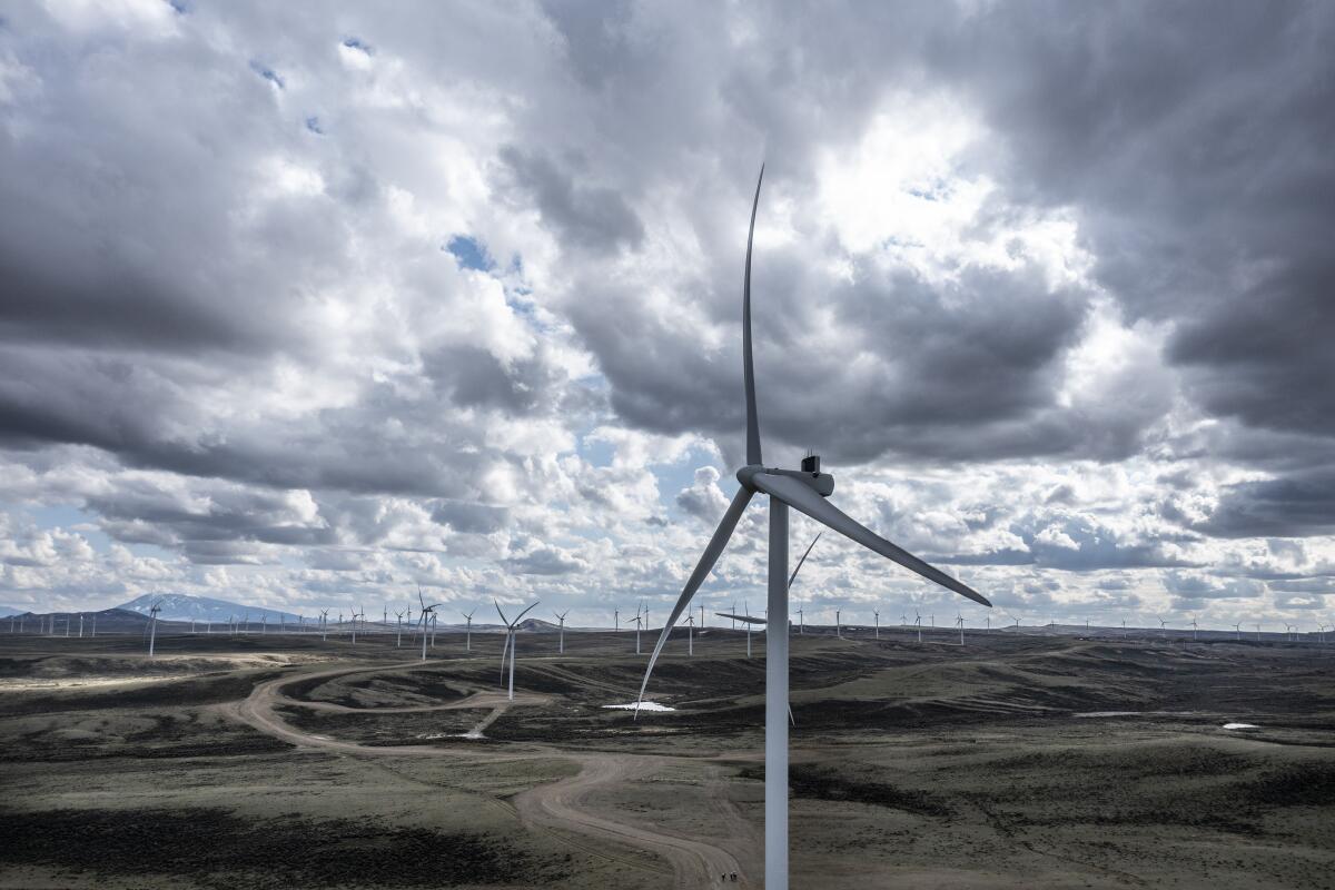 Turbines at PacifiCorp's Ekola Flats wind farm in Wyoming.