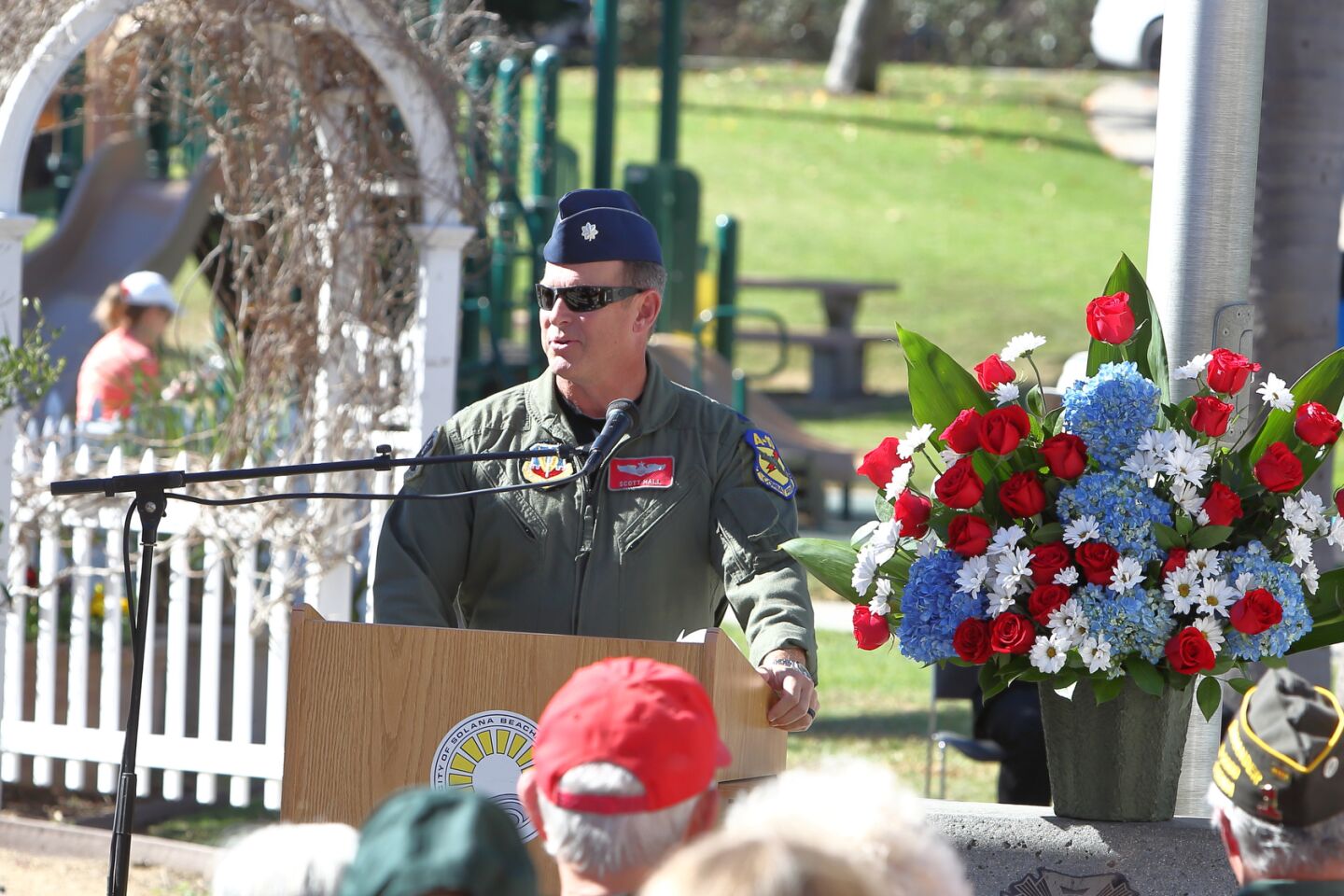 Retired USAF Lt. Col. Scott Hall speaks at the 2021 Solana Beach Veterans Day Program at La Colonia Park