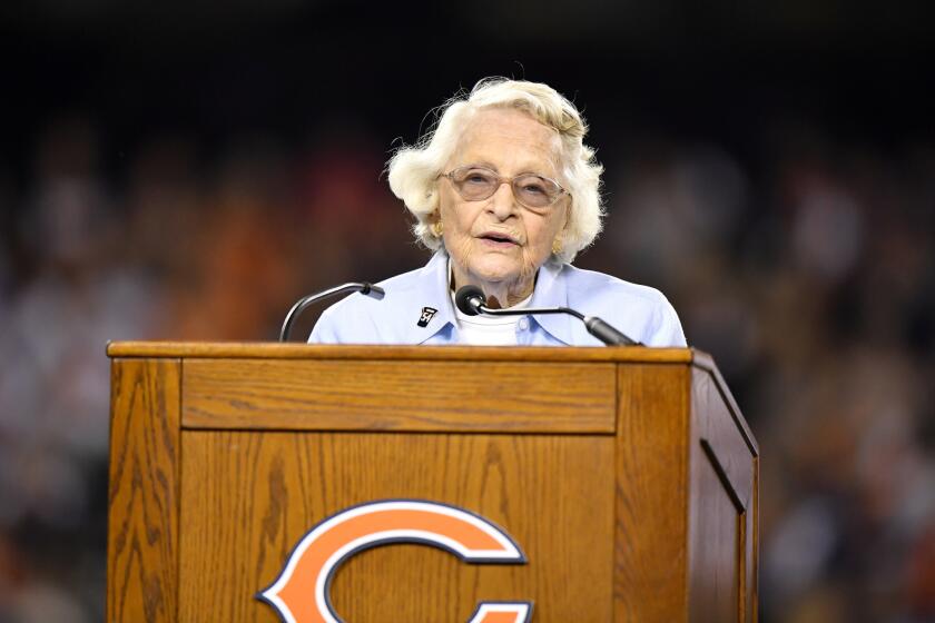 Virginia McCaskey speaks during Brian Urlacher's ceremony at Soldier Field on Sept. 17, 2018. Urlacher was awarded with a ring of excellence during halftime of the Bears-Seahawks game.