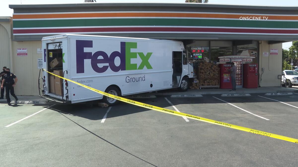 A FedEx truck crashed into the front of a 7-Eleven store in Pacific Beach on Aug. 18.